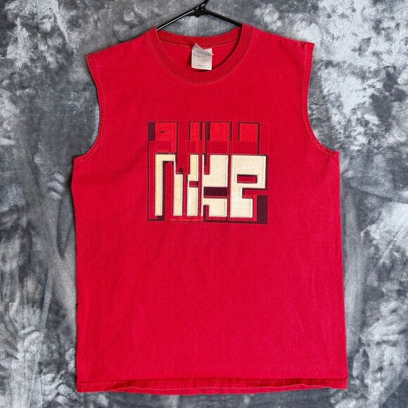 Vintage Y2K Nike Silver Tag Sleeveless Red Shirt Size Medium Funky Logo - Picture 1 of 7